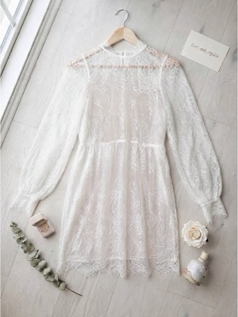 Wilfred White sheer Lace overlay Long Sleeve Mini Dress